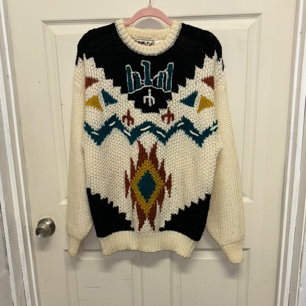 Geometric Patterned Sweater - Black, Cream, Teal